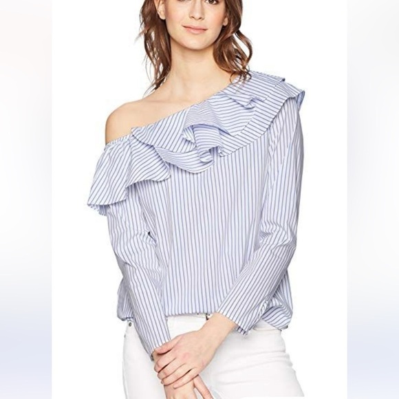CALVIN KLEIN Women's Blue Striped Ruffle One Shoulder Long Sleeve Blouse Medium - Picture 1 of 6